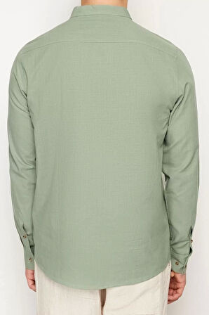 Erkek Moda Uzun Kol Dokuma Koyu Yeşil Slim Fit Yarım Patlı Hakim Yaka %100 Pamuklu Gömlek