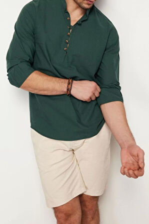 Erkek Moda Uzun Kol Dokuma Koyu Yeşil Slim Fit Yarım Patlı Hakim Yaka %100 Pamuklu Gömlek