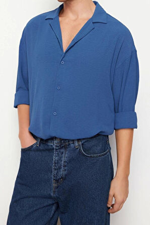 Erkek Moda Uzun Kol Dokuma Yeşil Oversize Fit Apaş Yaka Yazlık Keten Görünümlü Gömlek