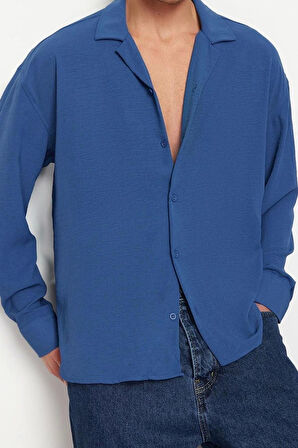 Erkek Moda Uzun Kol Dokuma Yeşil Oversize Fit Apaş Yaka Yazlık Keten Görünümlü Gömlek