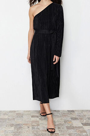 Yeni Regular Gündüz Gece Pilise Örme Asimetrik Yaka Uzun Kol A-Line Midi Boy Elbise