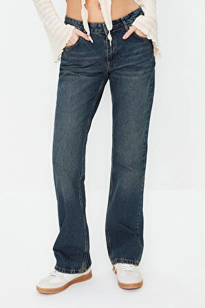 Kadın Moda Şık Kot Pantolon Boru Paça Regular Boy Denim Düşük Bel Straight Jeans