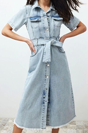 Yeni Fit Casual Günlük Rigid Denim Gömlek Yaka Kısa Kol Basic Maxi Boy Elbise