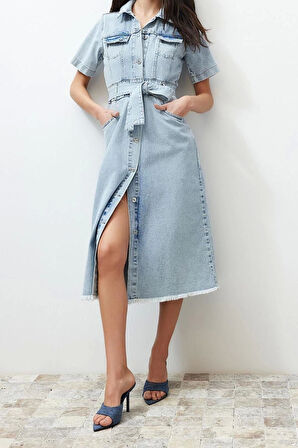 Yeni Fit Casual Günlük Rigid Denim Gömlek Yaka Kısa Kol Basic Maxi Boy Elbise