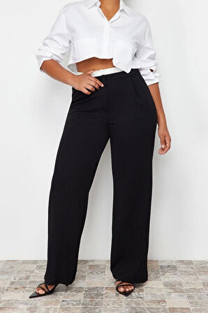 Kadın Yeni Moda Büyük Beden Geniş Paça Uzun Boy Örme Bel Detaylı Örme Pantolon