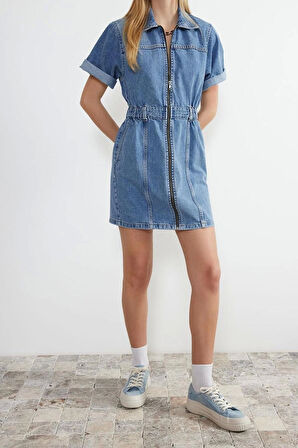 Yeni Fit Casual Günlük Bürümcük Denim Dik Yaka Uzun Kol Basic Mini Boy Elbise