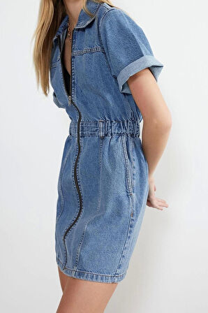 Yeni Fit Casual Günlük Bürümcük Denim Dik Yaka Uzun Kol Basic Mini Boy Elbise