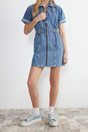 Yeni Fit Casual Günlük Bürümcük Denim Dik Yaka Uzun Kol Basic Mini Boy Elbise