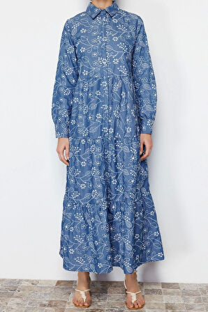 Yeni Gömlek Elbise Günlük Brode Dokuma Gömlek Yaka Uzun Kol Gömlek Elbise Maxi Boy Tesettür Elbise