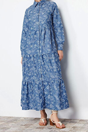 Yeni Gömlek Elbise Günlük Brode Dokuma Gömlek Yaka Uzun Kol Gömlek Elbise Maxi Boy Tesettür Elbise