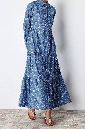 Yeni Gömlek Elbise Günlük Brode Dokuma Gömlek Yaka Uzun Kol Gömlek Elbise Maxi Boy Tesettür Elbise