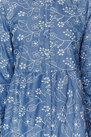 Yeni Gömlek Elbise Günlük Brode Dokuma Gömlek Yaka Uzun Kol Gömlek Elbise Maxi Boy Tesettür Elbise