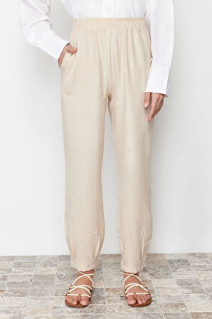 Kadın Moda Şık Regular Boy Kolsuz Keten Görünümlü Yelek Pantolon Dokuma Alt Üst Takım