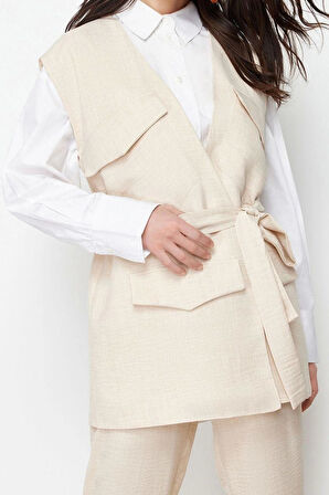 Kadın Moda Şık Regular Boy Kolsuz Keten Görünümlü Yelek Pantolon Dokuma Alt Üst Takım