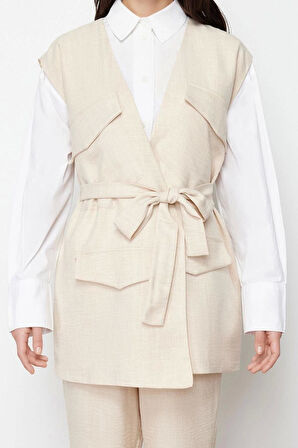 Kadın Moda Şık Regular Boy Kolsuz Keten Görünümlü Yelek Pantolon Dokuma Alt Üst Takım