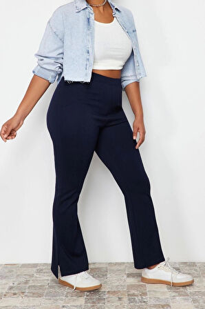 Kadın Yeni Moda Büyük Beden Boru Paça Regular Boy Örme Dikiş Detaylı Örme Pantolon