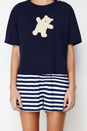 Kadın %100 Pamuk Bisiklet Yaka Kısa Kol %100 Pamuk Ayıcık Baskılı Örme Pijama Takımı