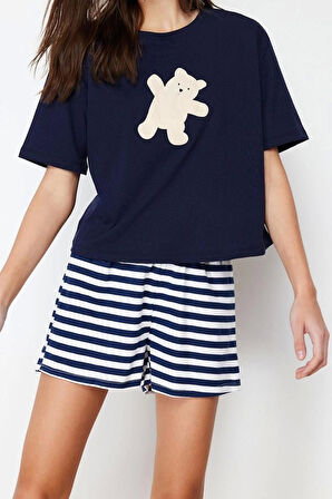 Kadın %100 Pamuk Bisiklet Yaka Kısa Kol %100 Pamuk Ayıcık Baskılı Örme Pijama Takımı