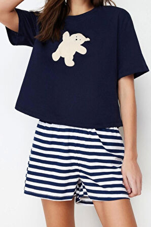 Kadın %100 Pamuk Bisiklet Yaka Kısa Kol %100 Pamuk Ayıcık Baskılı Örme Pijama Takımı