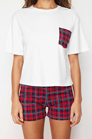 Kadın Pamuklu Bisiklet Yaka Kısa Kol Çok Renkli Ekoseli Örme Pijama Takımı