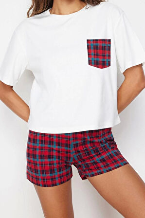 Kadın Pamuklu Bisiklet Yaka Kısa Kol Çok Renkli Ekoseli Örme Pijama Takımı