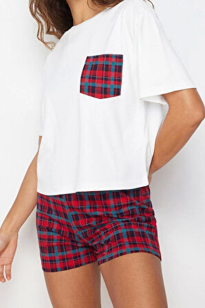 Kadın Pamuklu Bisiklet Yaka Kısa Kol Çok Renkli Ekoseli Örme Pijama Takımı