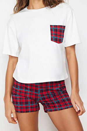 Kadın Pamuklu Bisiklet Yaka Kısa Kol Çok Renkli Ekoseli Örme Pijama Takımı
