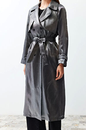 Kadın Moda Şık Oversize Ceket Yaka Uzun Düz Astarlı Oversize Geniş Kesim Kuşaklı Trençkot