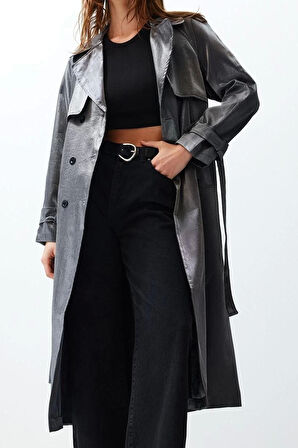 Kadın Moda Şık Oversize Ceket Yaka Uzun Düz Astarlı Oversize Geniş Kesim Kuşaklı Trençkot