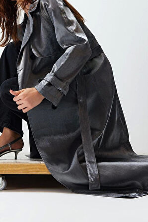 Kadın Moda Şık Oversize Ceket Yaka Uzun Düz Astarlı Oversize Geniş Kesim Kuşaklı Trençkot