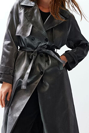 Kadın Moda Şık Oversize Ceket Yaka Uzun Düz Astarlı Oversize Geniş Kesim Kuşaklı Trençkot
