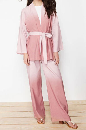 Kadın Moda Şık Geniş Paça Uzun Kollu Keten Görünümlü Dokuma Kimono Pantolon Alt Üst Takım