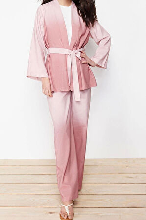 Kadın Moda Şık Geniş Paça Uzun Kollu Keten Görünümlü Dokuma Kimono Pantolon Alt Üst Takım