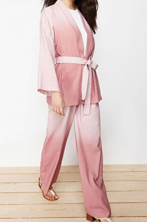 Kadın Moda Şık Geniş Paça Uzun Kollu Keten Görünümlü Dokuma Kimono Pantolon Alt Üst Takım