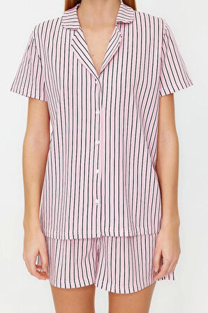 Kadın %100 Pamuk Gömlek Yaka Kısa Kol %100 Pamuk Çizgili Örme Pijama Takımı