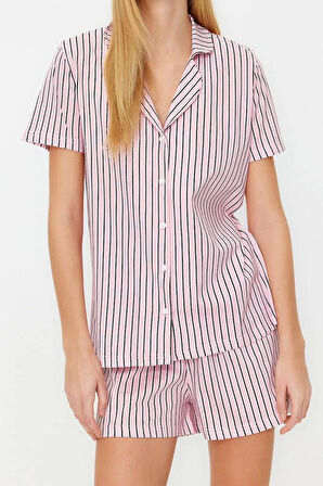 Kadın %100 Pamuk Gömlek Yaka Kısa Kol %100 Pamuk Çizgili Örme Pijama Takımı