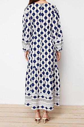 Yeni Regular Casual Keten Dokuma Bisiklet Yaka Uzun Kol Eteği Fırfırlı Maxi Boy Tesettür Elbise