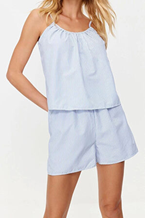 Kadın Polyester Havuz Yaka Askılı Kol Pamuklu Çizgili İp Askılı Poplin Dokuma Pijama Takımı