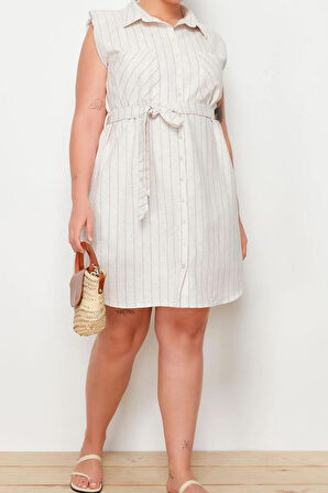 Yeni Fit Casual Günlük KetenDokuma Gömlek Yaka Kolsuz Kol Gömlek Elbise Midi Boy Büyük Beden Elbise