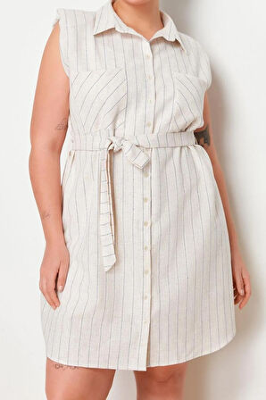 Yeni Fit Casual Günlük KetenDokuma Gömlek Yaka Kolsuz Kol Gömlek Elbise Midi Boy Büyük Beden Elbise