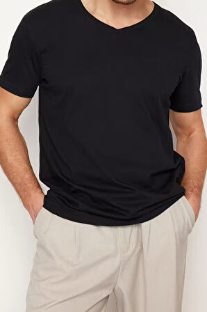 Yeni Sezon Regular %100 Pamuk V Yaka Kısa Kol Düz Desenli Günlük T-Shirt