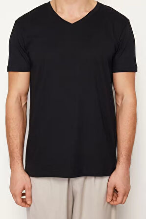 Yeni Sezon Regular %100 Pamuk V Yaka Kısa Kol Düz Desenli Günlük T-Shirt