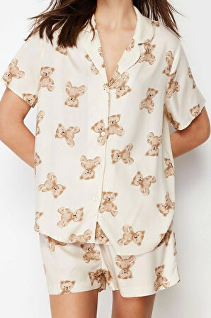 Kadın Viskon Gömlek Yaka Kısa Kol Ayıcık Desenli Viskon Dokuma Pijama Takımı