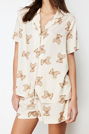 Kadın Viskon Gömlek Yaka Kısa Kol Ayıcık Desenli Viskon Dokuma Pijama Takımı