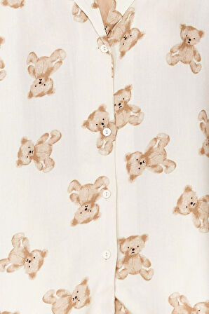 Kadın Viskon Gömlek Yaka Kısa Kol Ayıcık Desenli Viskon Dokuma Pijama Takımı