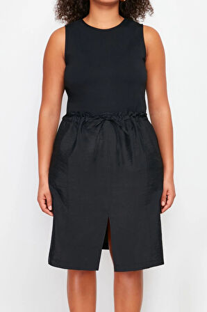 Yeni Oversize Günlük Süprem Dokuma Bisiklet Yaka Askılı Kol A-Line Mini Boy Büyük Beden Elbise