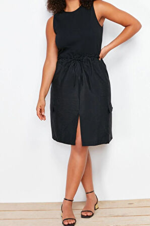 Yeni Oversize Günlük Süprem Dokuma Bisiklet Yaka Askılı Kol A-Line Mini Boy Büyük Beden Elbise