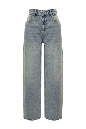 Kadın Moda Şık Kot Pantolon Geniş Paça Regular Boy Denim Mavi Soluk Vintage Düşük Bel