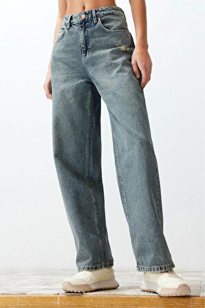Kadın Moda Şık Kot Pantolon Geniş Paça Regular Boy Denim Mavi Soluk Vintage Düşük Bel