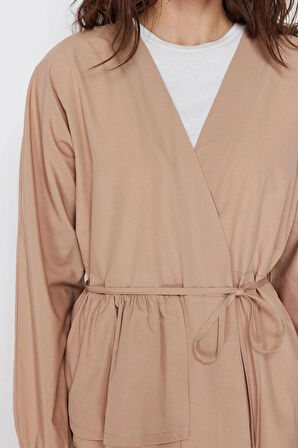 Kadın Moda Şık Regular Boy Uzun Kollu Pamuklu Dokuma Kimono Pantolon Alt Üst Takım